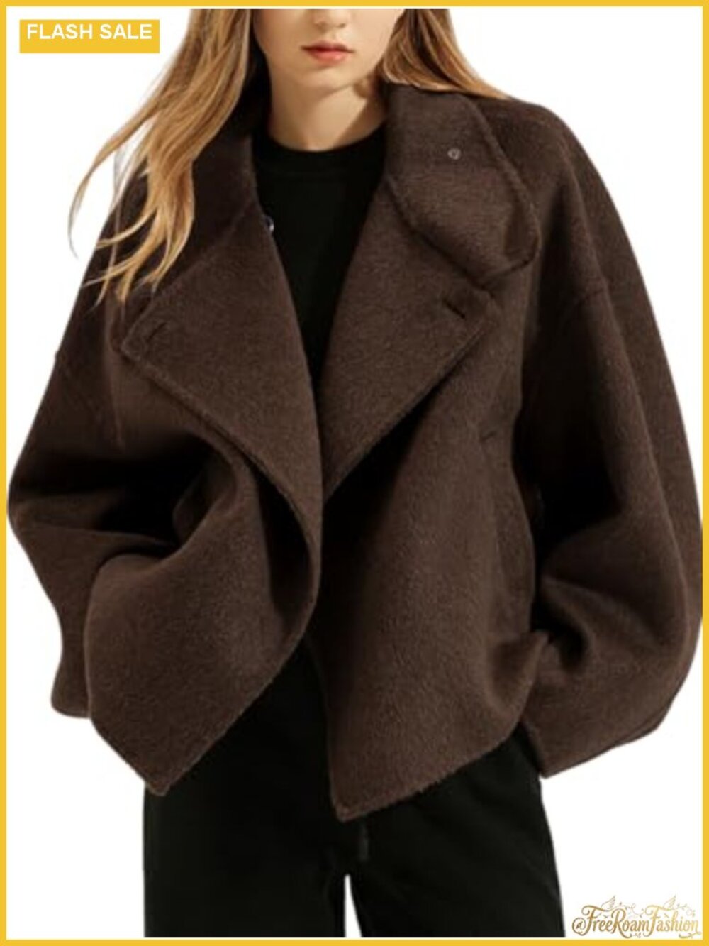 Women Cropped Wool Blend Coat Oversized Notched Lapel Pea